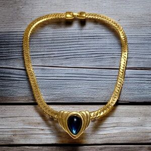 RARE Vtg 1955 NAPIER Gold Tone Choker Royal Blue Gripoix Glass Cabochon Necklace